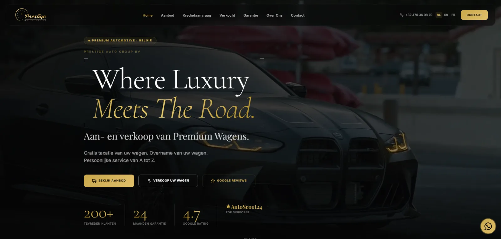 Startpagina van de nieuwe Prestige Auto Group-site.