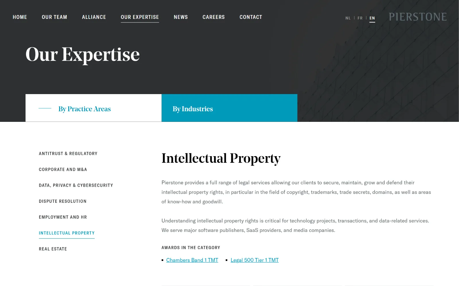 Expertise page on desktop: the practice areas in the left column, with “Intellectual Property” open.