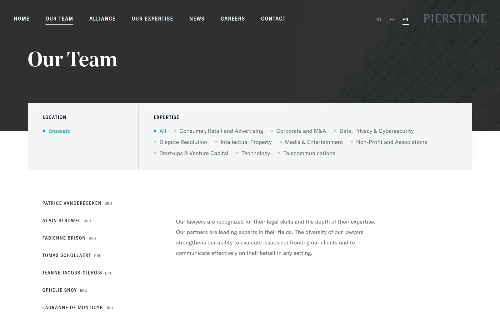 Team page on desktop: filters for location and expertise, with the list of lawyers below.