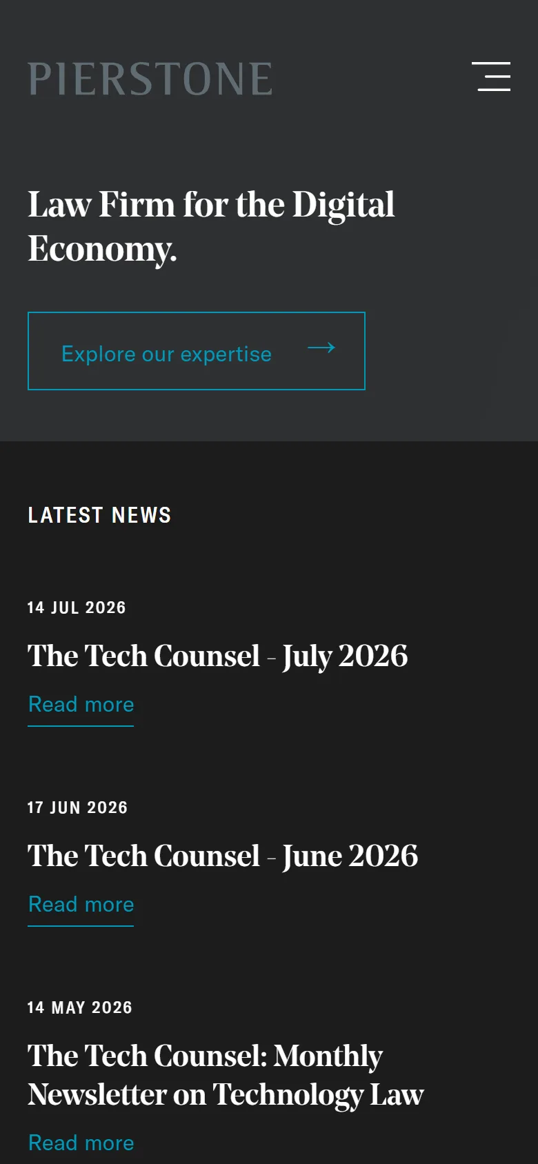 The same homepage on a phone, with the menu collapsed.