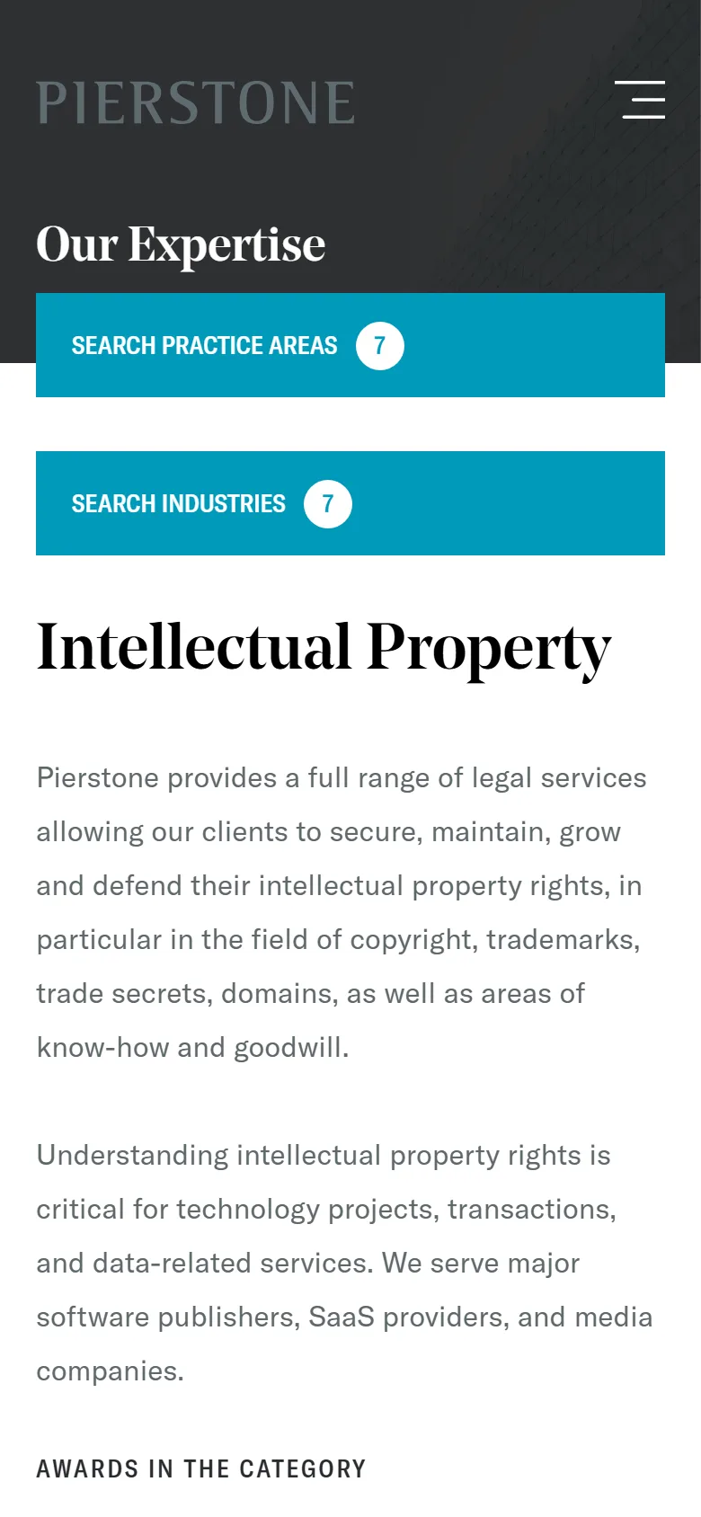 Expertise page on a phone: the practice areas sit behind a search control.
